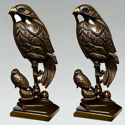 Prompt: gorgeous ornated bronze realistic detailed arabic falcon office decoration with filigree,