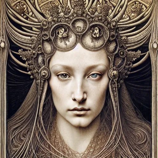 Prompt: detailed realistic beautiful young medieval queen face portrait by jean delville, gustave dore, iris van herpen and marco mazzoni, art forms of nature by ernst haeckel, art nouveau, symbolist, visionary, gothic, pre - raphaelite, fractal lace, surreality, horizontal symmetry, intricate details