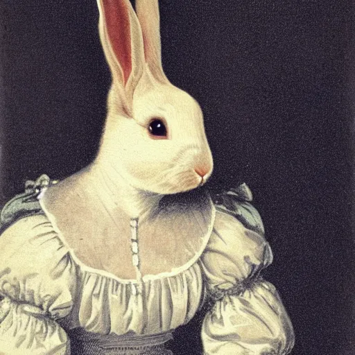 Prompt: a victorian portrait of a rabbit wearing a white dress