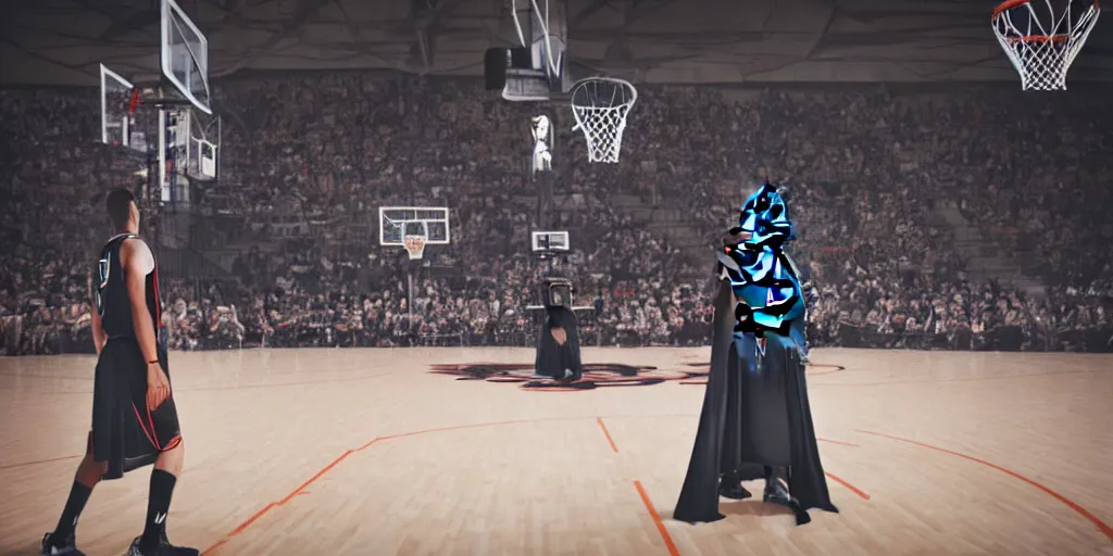 Prompt: Darth Vader in a basketball jersey at a basketball court, 4K photograph