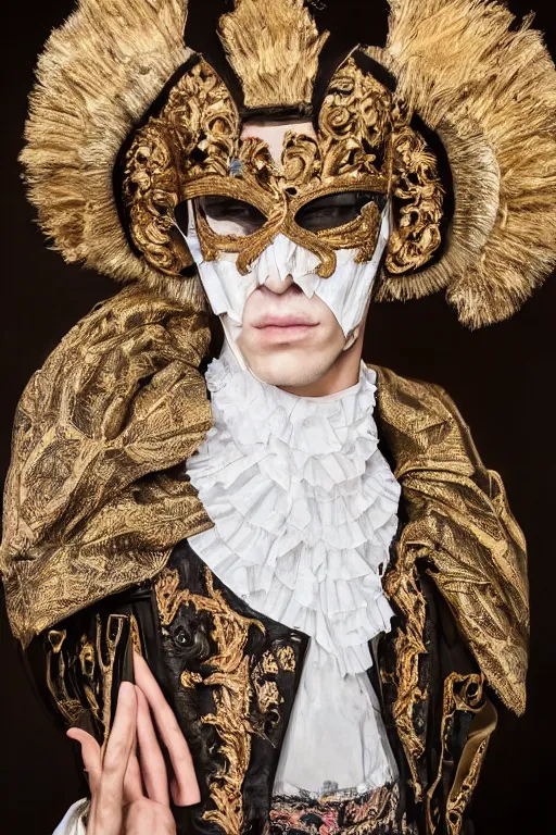 Prompt: portrait of a 2 1 st century fashion show featuring men's wear based in 1 7 5 0's england, fashion photography, elaborate lights. mask on face, accurate details, ultra hd, beautiful background