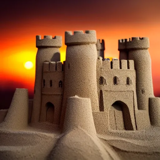 Prompt: full - size tower of london sandcastle contains human crowd, tiltshift, coronation of the sand queen, sunset