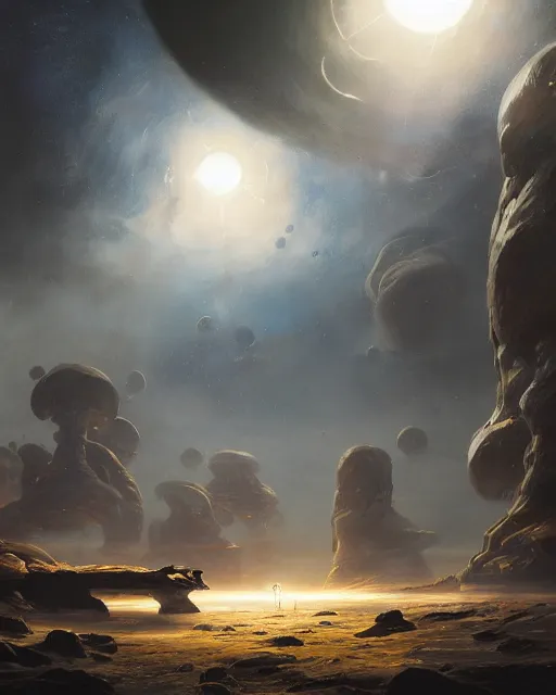 Image similar to A matted painting of Aliens of the Sun on a spaceship environment with expansive views of space, inspired by greg rutkowski and Keith Mallett, digital art, extremely moody lighting, glowing light and shadow, atmospheric, shadowy, cinematic