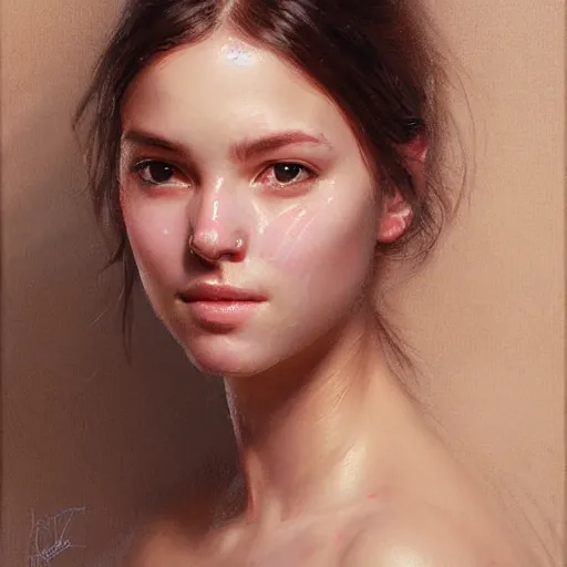 Image similar to Facial portrait of a cute girl, looking at the camera, slight awkward smile, lips slightly parted, no hands visible, blushing, intricate, extremely detailed painting by Greg Rutkowski and by Henry Justice Ford and by Steve Henderson