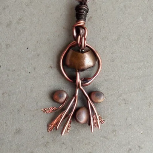 Image similar to a beautiful amulet made from sand and dirt, with copper wire details