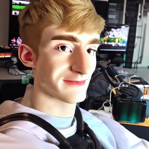 Image similar to “a realistic detailed photo of a guy who is an attractive humanoid who is half robot and half humanoid, who is a male android, twitch streamer Ninja Tyler Blevins, shiny skin, posing like a statue, blank stare, on a gaming chair streaming”