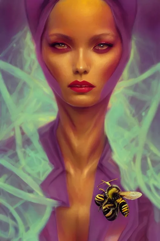 Image similar to portrait of an elegant alien bee woman queen, straight on portrait, full body character concept art, honeycomb, by artgerm, tom bagshaw, gerald brom, vaporwave colors, lo - fi colors, vaporwave, lo - fi, moody vibe, goth vibe, 4 k, hd,