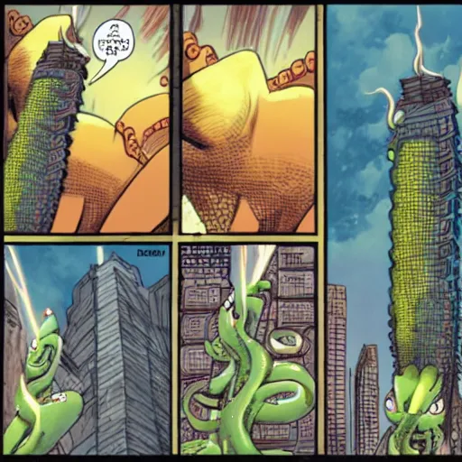 Prompt: tentacle monster destroys a skyscraper, style of Masamune Shirow