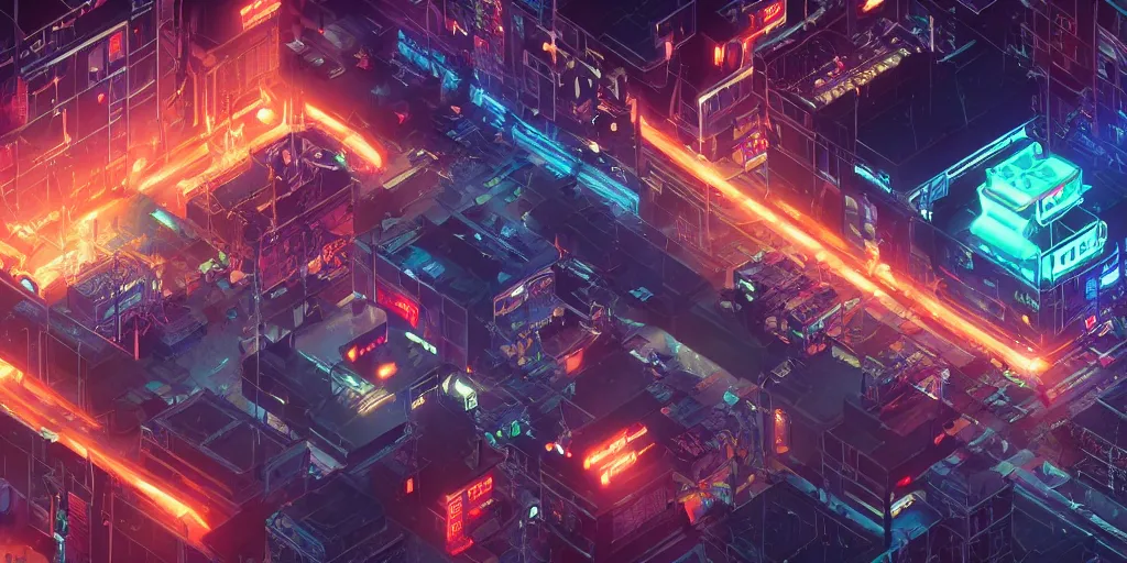 Prompt: isometric room of factory exploding at night in the center of a futuristic sci-fi asian city, signboards, neon lights, blade runner color palette, rendered in octane render by Yasunari Ikenaga, Yamato, Macross