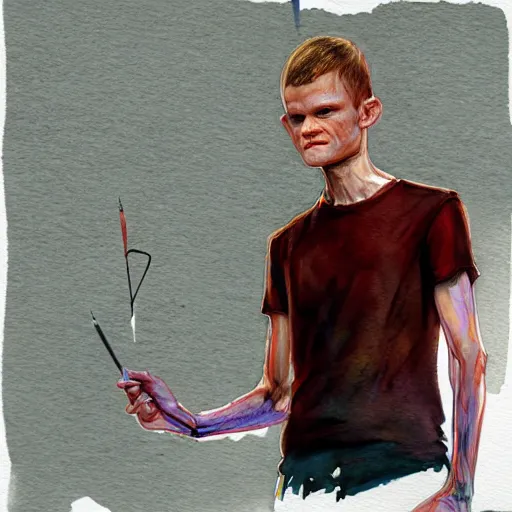 Image similar to full body sketch of vitalik buterin, perfect anatomy, full body, watercolor background, pencil art, ink and pencil, hyperrealistic, hyperdetailled, digital art, greg rutkowski, artstation, 8 k, beautiful drawing, paper texture, spray paint, watercolors