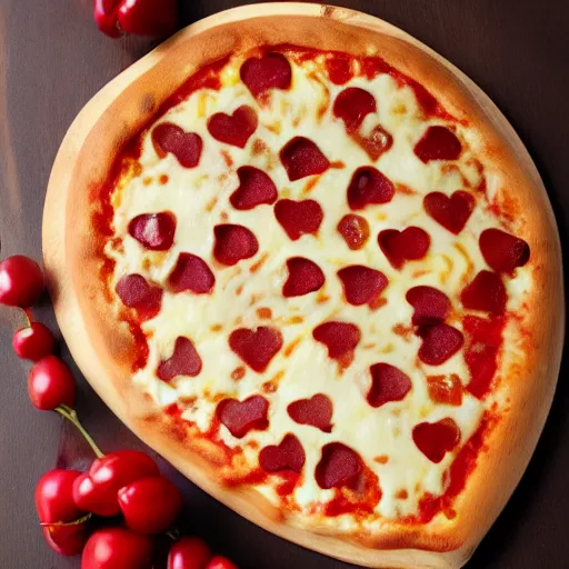 Image similar to heart shaped magerhita pizza with alot of cheese, 4 - 5 cherry tomata served on a wooden plate