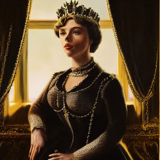 Prompt: frank frazetta portrait of scarlett johansson as queen victoria, full body, 8 k, realistic, photo real, smooth, sharp, intricate detail, hyper detail, dramatic lighting, dramatic shading