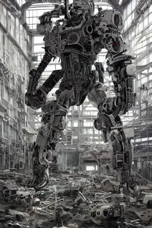 Image similar to cyborg with white and black ancestral ornate japanese tactical gear standing in an abandoned futuristic factory, long shot, by irving penn and storm thorgerson, ren heng, peter elson, alvar aalto, makoto shinkai