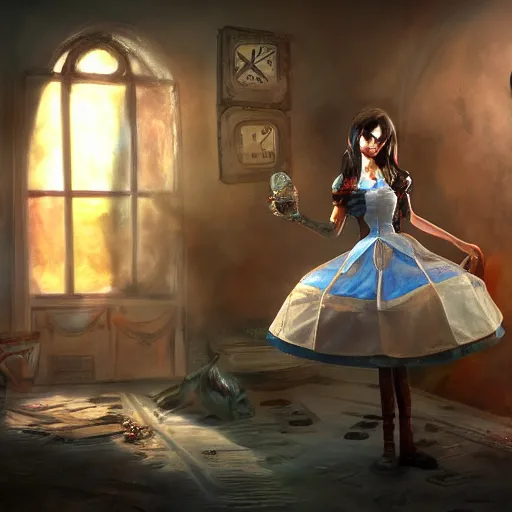 Image similar to american mcgee alice in wonderland concept art, photo-realistic volumetric lighting, highley detailed, octave render, award winning, photo-realistic featured in artstation