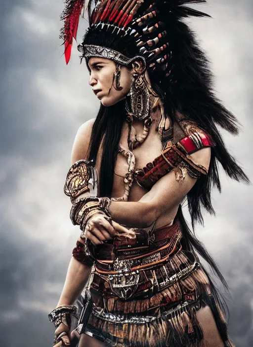 Image similar to hyper detailed image of an Redskin warrior princess wearing a headdress, intricate, elegant, long black hair, hd, 8k, muted colors,