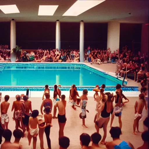 Image similar to an indoor swimming pool filled with people swimming, 35mm film