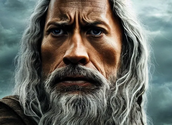 Image similar to film still of dwayne the rock johnson as gandalf in the new lord of the rings movie, 4 k, highly detailed face, detailed eyes