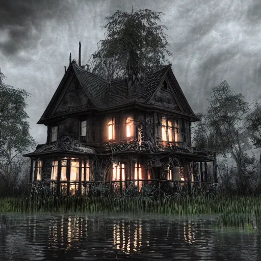 Image similar to a goth, macabre house [ sitting in the middle of a swamp ]!, gothic, fantasy style, 3 d render digital painting rich unreal engine 4 k 4 k trending on behance photorealistic award winning