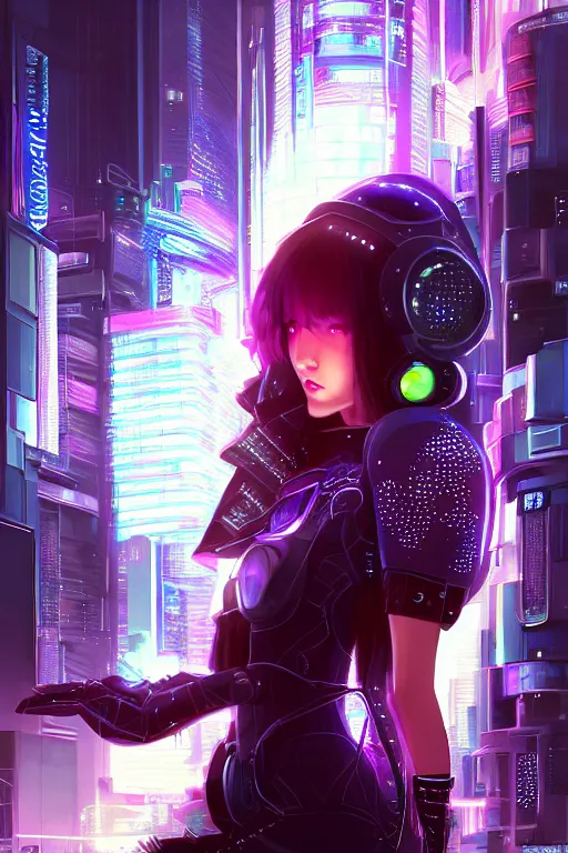 Image similar to portrait futuristic superb cyberpunk young female Summoner, in futuristic snowy thunder flashing tokyo rooftop cyberpunk night, ssci-fi, fantasy, intricate, very very beautiful, elegant, neon light, highly detailed, digital painting, artstation, concept art, soft light, hdri, smooth, sharp focus, illustration, art by tian zi and craig mullins and WLOP and alphonse mucha