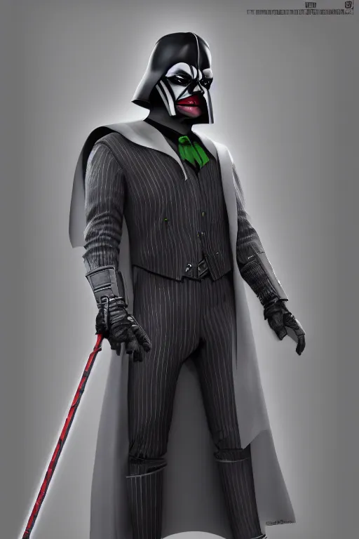 Image similar to Joker wearing vader's armor suit, cosplay, full character, artstation, highly detailed, highly realistic