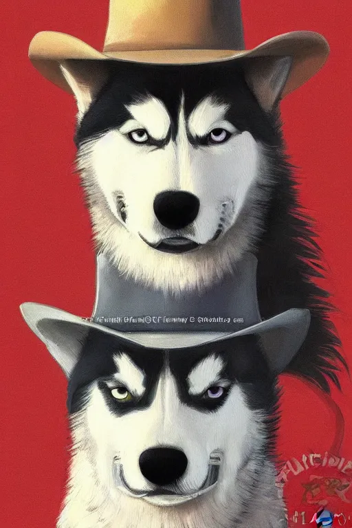 Image similar to a portrait painting of a husky in cowboy costume, wearing a cowboy hat, by studio ghibli, in the style of anime, [ western film ], humanoid, personify, anthropomorphic, trending on artstation