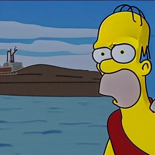 Prompt: photorealistic Homer Simpson in the movie JAWS