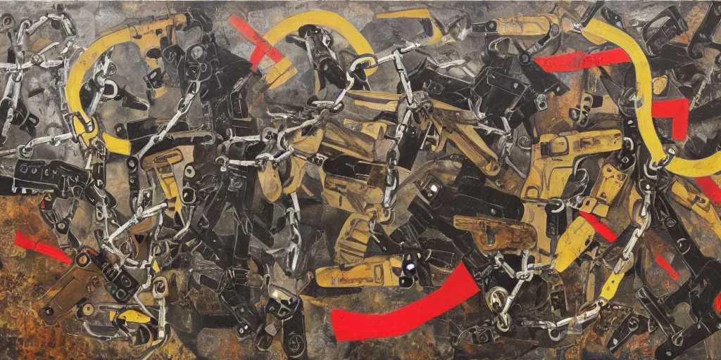 Image similar to guns and chain, collage, acrylic on canvas, expressionism movement, breathtaking detailed, by blake neubert