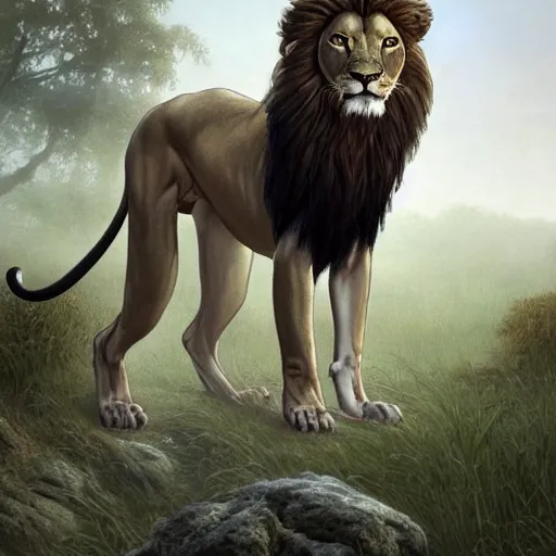 Image similar to clear portrait of a anorexic lion, hideous appearance, nature background, malnourished, cottagecore!!, background hyper detailed, character concept, full body, dynamic pose, intricate, elegant, highly detailed, digital painting, artstation, concept art, smooth, sharp focus, illustration, art by artgerm and greg rutkowski and alphonse mucha