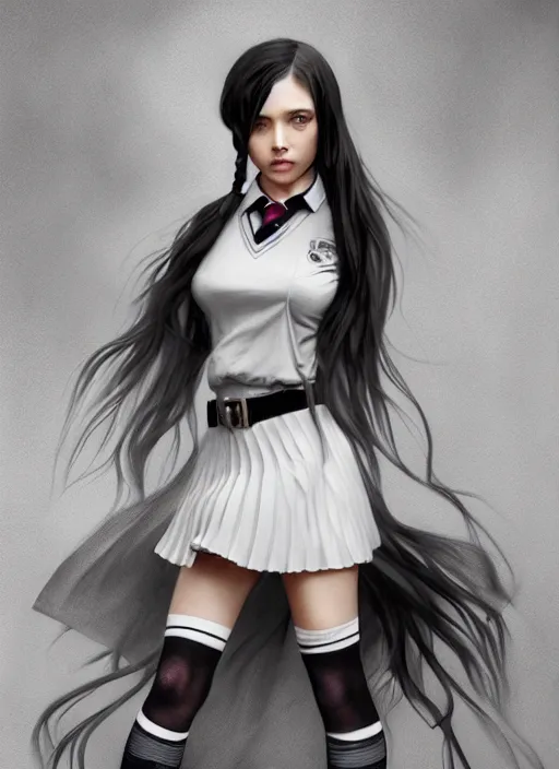 Prompt: a beautiful woman with school uniform, seifuku, pleated miniskirt, overknee socks, adriana lima, painted by artgerm and tom bagshaw, fantasy art, dramatic lighting, highly detailed oil painting, volumetric lighting