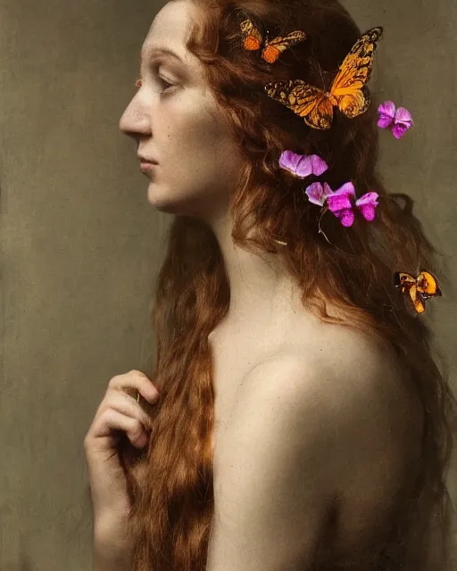 Prompt: A woman's face in profile, long hair, made of flowers and butterfly, in the style of the Dutch masters and Gregory Crewdson, dark and moody