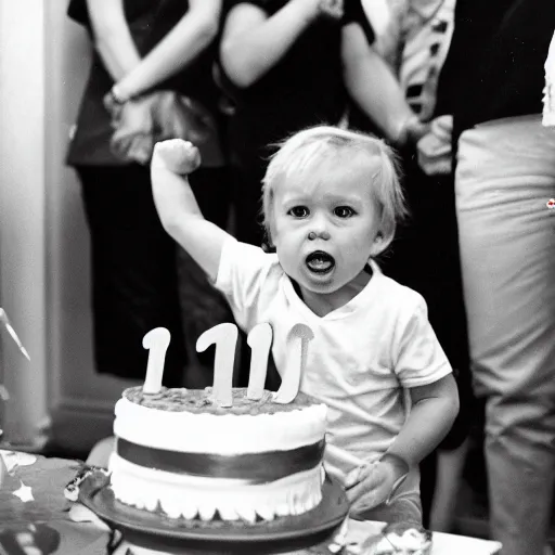 Prompt: Donald Trump as a toddler at a birthday party having a tantrum, 35mm film