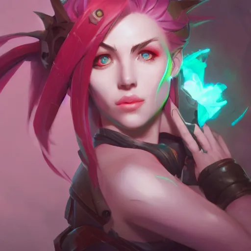 Image similar to jinx from arcane, league of legends, photorealistic, greg rutkowski, artstation,