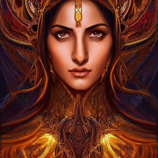 Prompt: head-on centered symmetrical painted portrait, Katrina Kaif as a D&D Mage, intricate fantasy robes, fantasy, intricate, elegant, highly detailed, digital painting, smooth, sharp focus, illustration, dramatic lighting, artstation, in the style of Artgerm and Anna Podedworna and Alex Ross