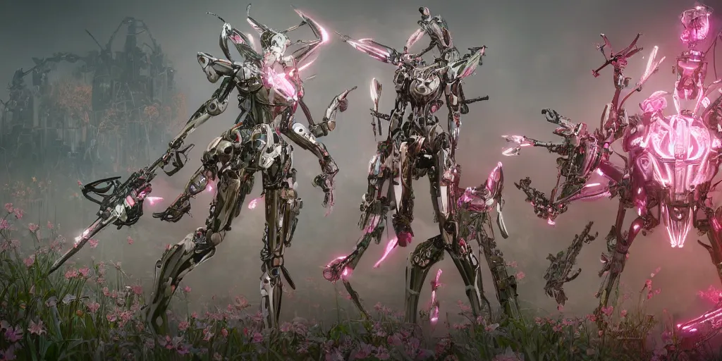 Prompt: a female saints made of mecha daffodils is flying in the fantasy forest, daniel, intricate mechanical details, futuristic, 2 k aesthetic, dramatic lighting, concept art, 4 k, 3 d octane render, pink and red colors, provenance, detailed, trending on artstation