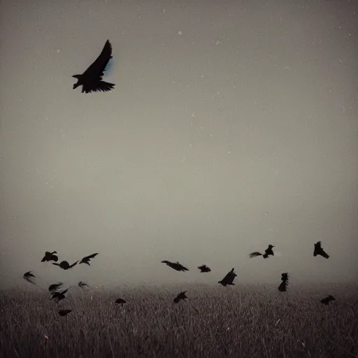 Image similar to A field full of crows, dark sky, trending on artstation.