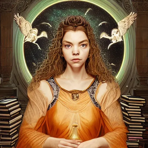 Image similar to a portrait of a older anya taylor - joy as the goddess minerva surrounded by stacks of books, owls, bioluminescent gown with deep level of detail of esoteric symbols, urban motifs, intricate, elegant, highly detailed, digital painting, trending on artstation, smooth sharp focus, illustration, art by artgerm and greg rutkowski