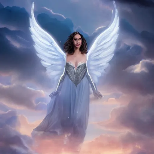 Image similar to Portrait of the beautiful woman Gal Gadot as an angel, she is coming down from the clouds, she has a crown, there is a glow coming from her, she is getting ulluminated from the sky, the photo was taking by Annie Leibovitz, matte painting, oil painting, naturalism, 4k, 8k