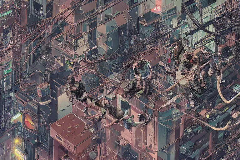 Prompt: a hyper-detailed cyberpunk illustration with a group of android females lying over an empty floor in various poses, with their bodies open and cables and wires coming out, by masamune shirow and katsuhiro otomo, view from above, close up