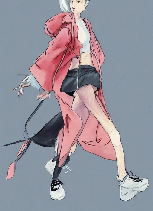 Prompt: a fashion illustration of a futuristic tennis girl wearing yeezy 5 0 0 sneakers and an anorak inspired in inuyasha by brian froud and frank frazetta