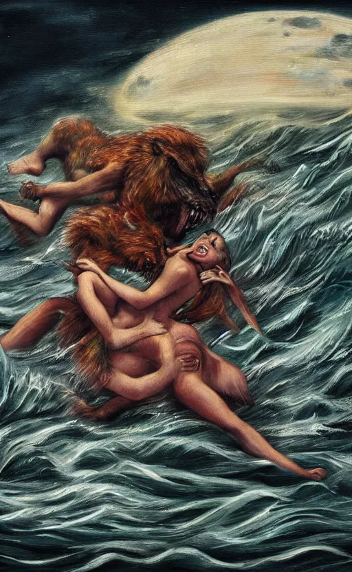 Prompt: amazing detailed abstract painting of a monstrous werewolf and woman laying in a passionate fight in a turbulent ocean under a hull moon, by francis bacon. waves and come cover them. sensual. hd. hq. trending on artstation. photorealistic