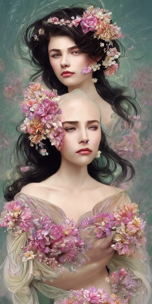 Prompt: beautiful, young woman, detailed gorgeous face, sad eyes, vaporwave aesthetic, synthwave long luxurious gown made out of pearls, hair done up with flowers and ribbons, digital art, flowers, butterflies, birds, painting, artstation, concept art, smooth, sharp focus, illustration, art by artgerm and greg rutkowski and alphonse mucha