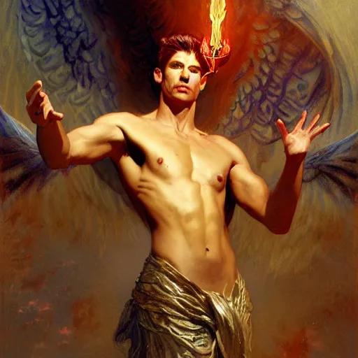 Image similar to attractive male lucifer morning star casting a spell summoning male demons, they rise from down bellow. highly detailed painting by gaston bussiere, craig mullins, j. c. leyendecker, 8 k