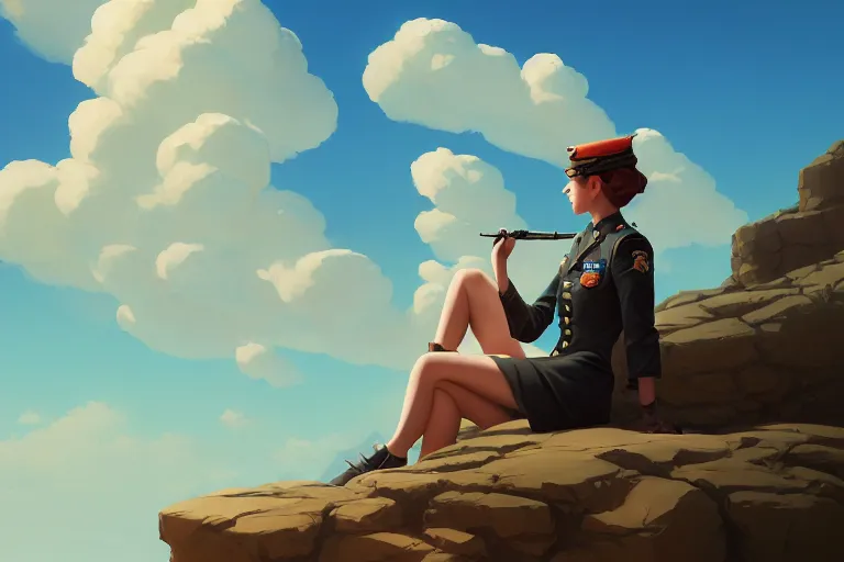 Image similar to a painting of a military woman sitting on a cliff, smoking a cigarette, a character portrait by rhads, makoto shinkai and lois van baarle, ilya kuvshinov, rossdraws global illumination and tom bagshaw, cg society, fantastic realism, intricate, detailed