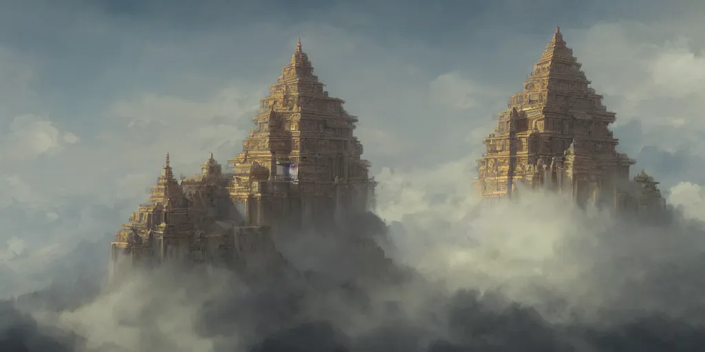 Image similar to a temple in the clouds, orthographic projection, by greg rutkowski and james gurney, trending on artstation