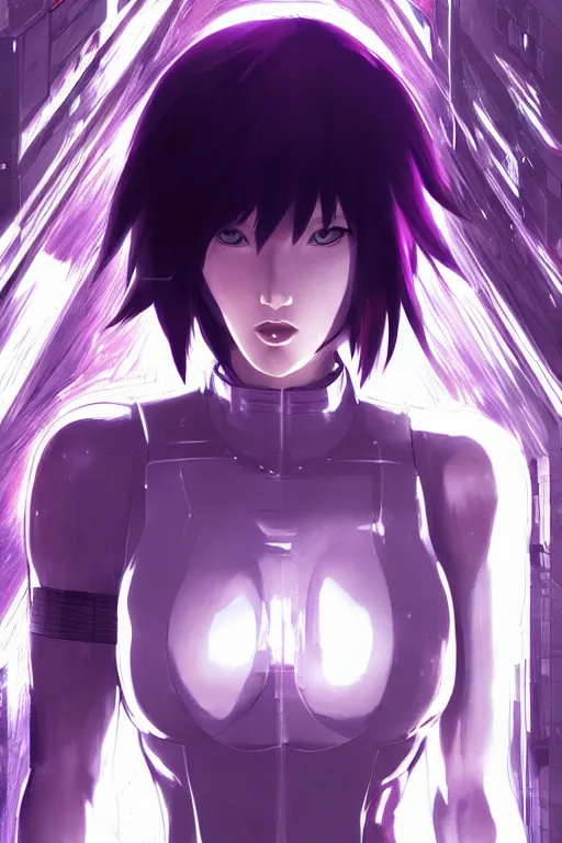 Image similar to a still fullbody portrait of motoko kusanagi ghost in the shell, finely detailed features, closeup at the faces, perfect art, at a cyberpunk city, gapmoe yandere grimdark, trending on pixiv fanbox, by ilya kuvshinov, rossdraws, artgerm