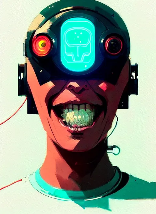 Image similar to highly detailed portrait of a cyborg grinning at the camera, atey ghailan, by greg rutkowski, by greg tocchini, by james gilleard, by joe fenton, by kaethe butcher, green gradient, neon blue, neon red and white color scheme, trending in pinterest, award winning details hd