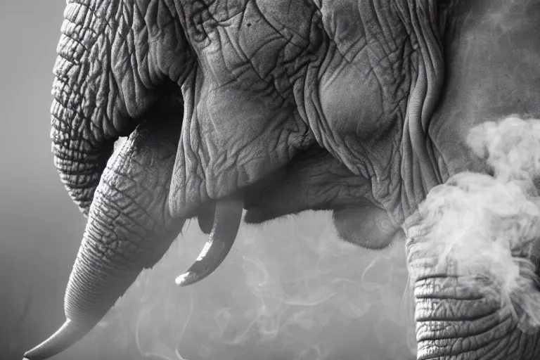 Prompt: ultra realistic nature photography, picture of ( subject : an elephant blowing smoke ). the scene is set in a cigar lounge, a very smokey atmosphere, small thick clouds of cigar smoke, artstation, focus on the elephant, extremely detailed and crisply sharp photo, hyperrealistic smoke, figma, sigma, 4 k