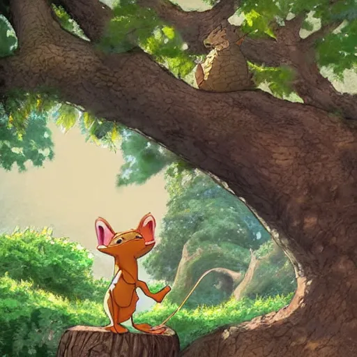 Image similar to A cute kobold is enjoying the sweet summer air under the shade of a great oak tree in summer. Ghibli style character focused artwork.