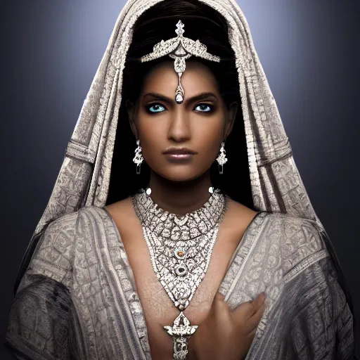 Image similar to portrait of wonderful indian princess of diamond with dark skin, ornate with diamonds, 8 k, gorgeous, intricate, detailed, glowing white accent lighting, dramatic lighting, octane render