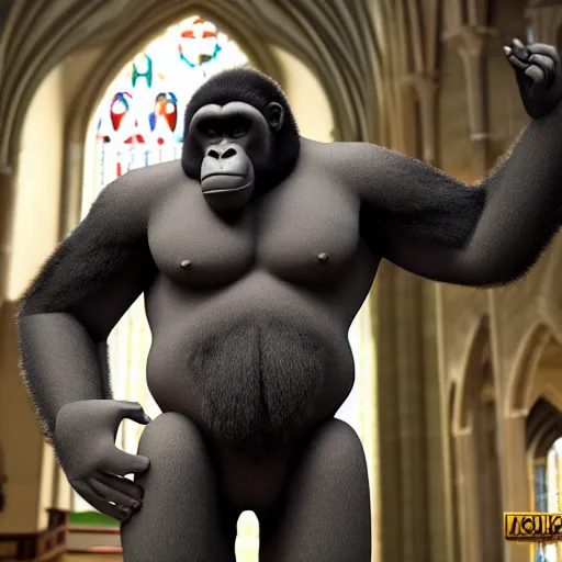 Image similar to big gorilla man terroizing church, 8k cinematic lighting, very sharp detail, anatomically correct